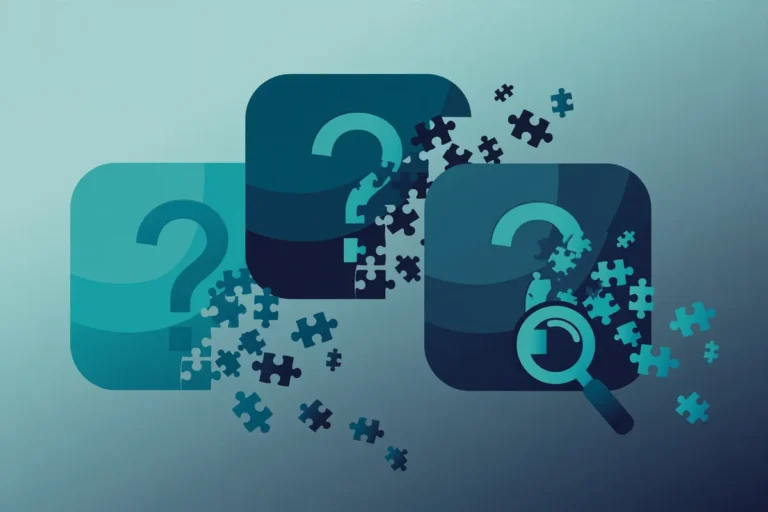 Three overlapping app icons with question marks dissolving into puzzle pieces — 777CX name-confusion illustration