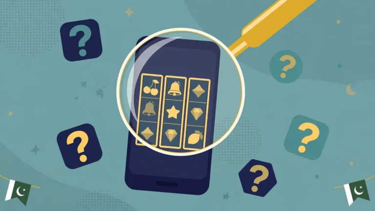 Flat illustration of a magnifying glass examining a smartphone with a slot-game screen, surrounded by question-mark app icons, for the 777DX Game honest review