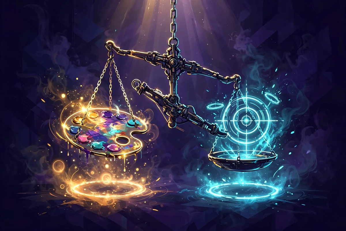 Glowing balance scale holding a painter's palette of cosmetic colors against a targeting crosshair