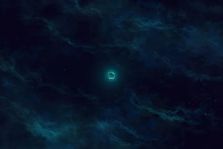 A single tiny glowing file chip floating small and isolated in a vast dark starry void