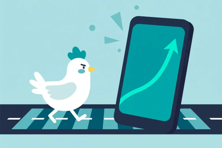 Illustration of a cartoon chicken crossing a road toward a rising multiplier arrow on a smartphone