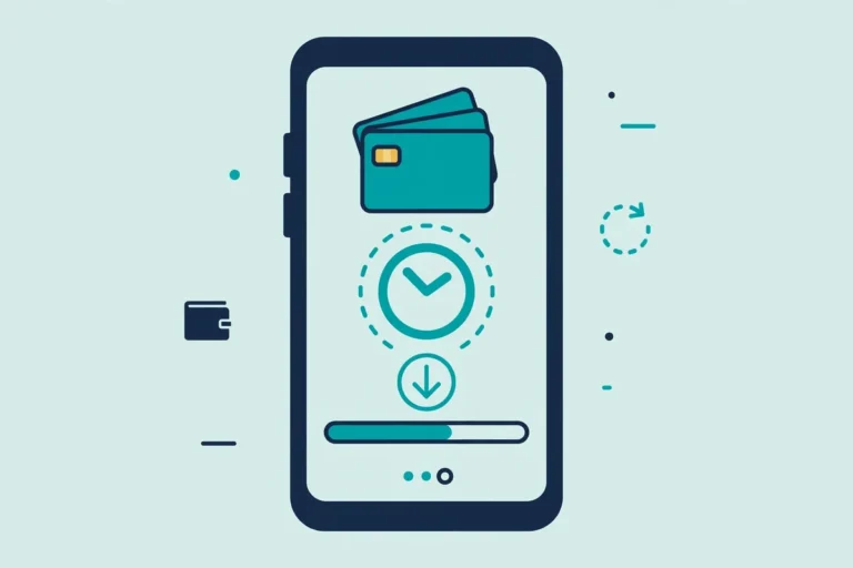 Illustration of a smartphone with a mobile wallet and clock showing pending status