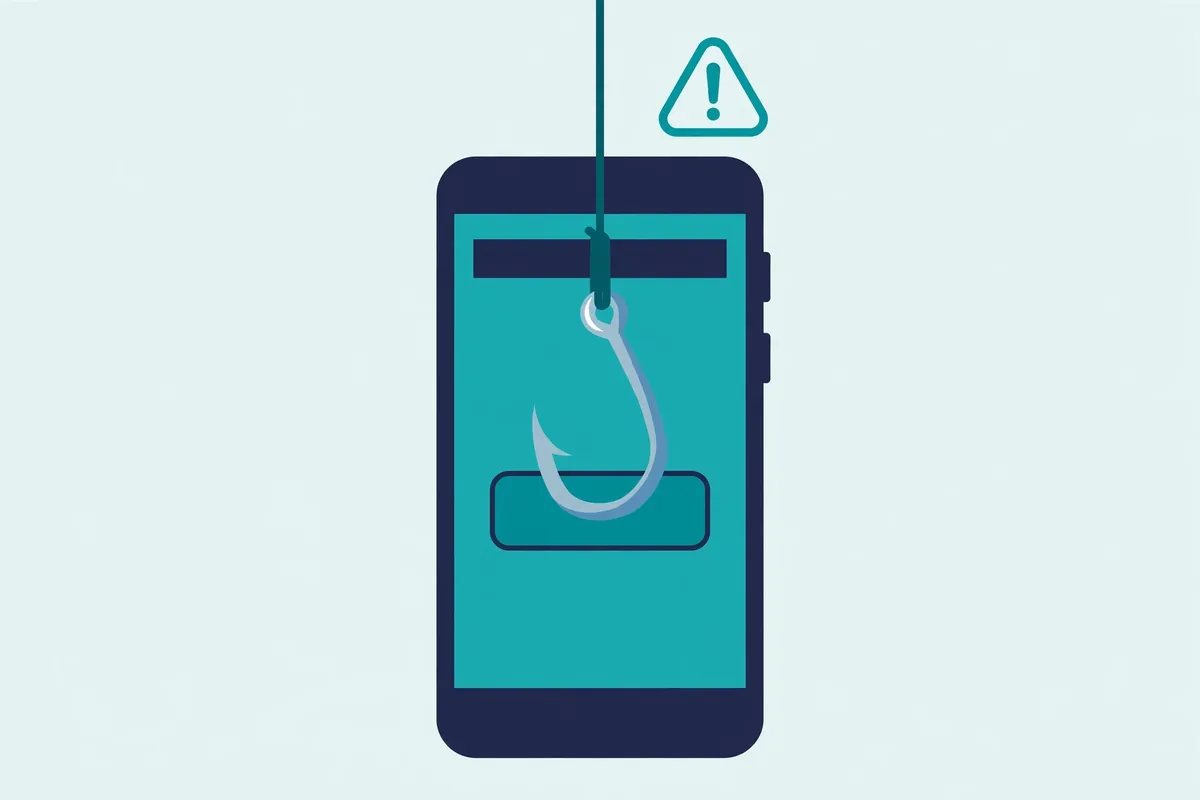 Illustration of a smartphone with a phishing hook over a fake download button, scam website warning concept