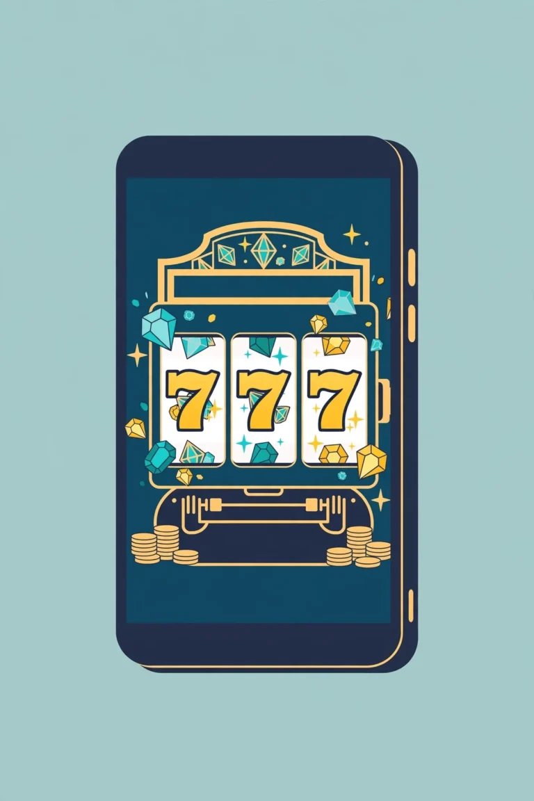 Illustration of a slot machine with gems and lucky sevens on a smartphone screen