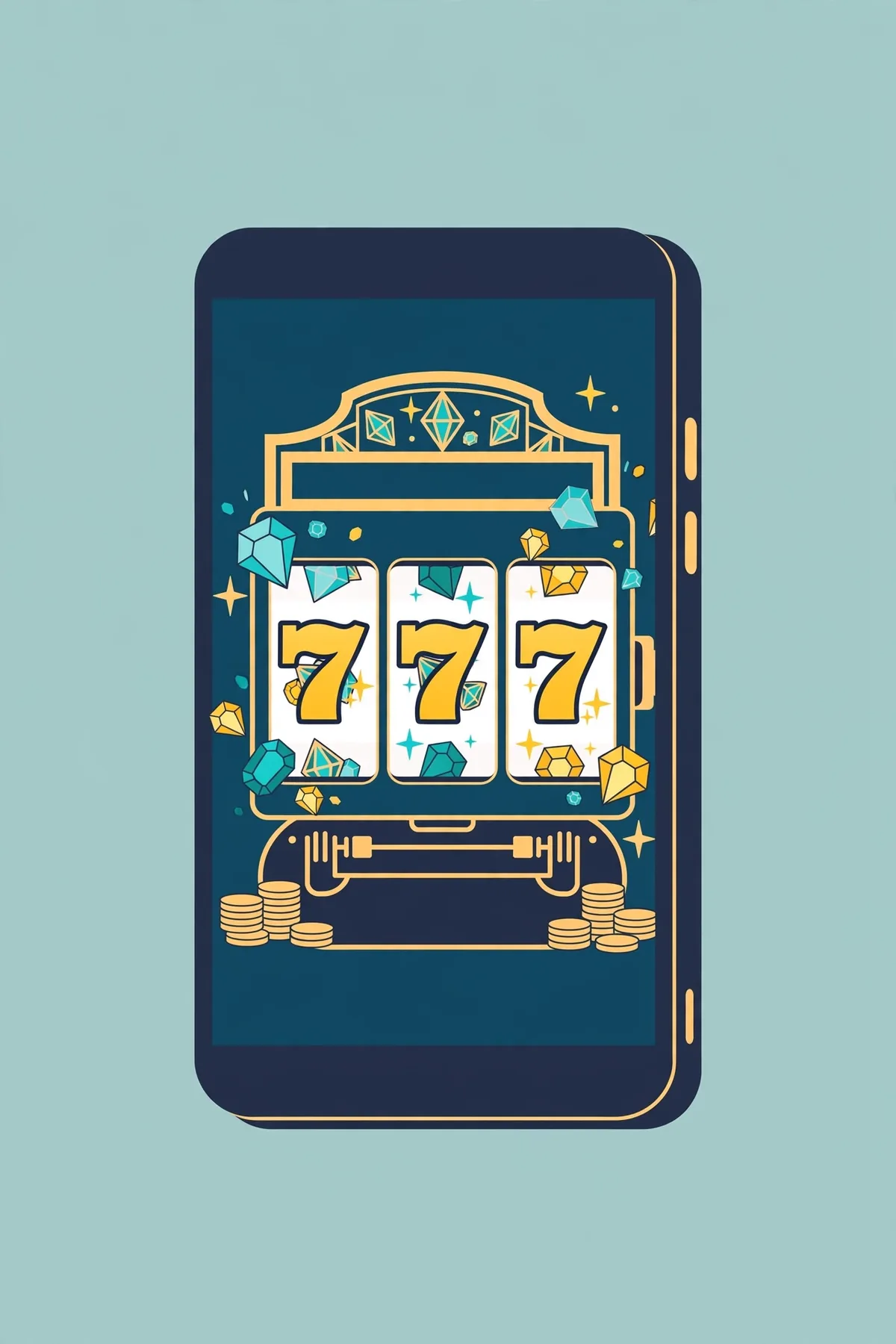 Illustration of a slot machine with gems and lucky sevens on a smartphone screen