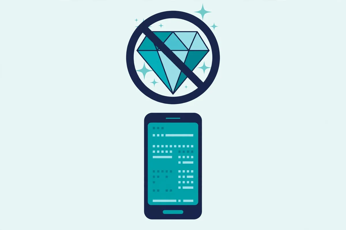 Illustration of a diamond gem with a prohibition sign over a smartphone, myth versus reality concept