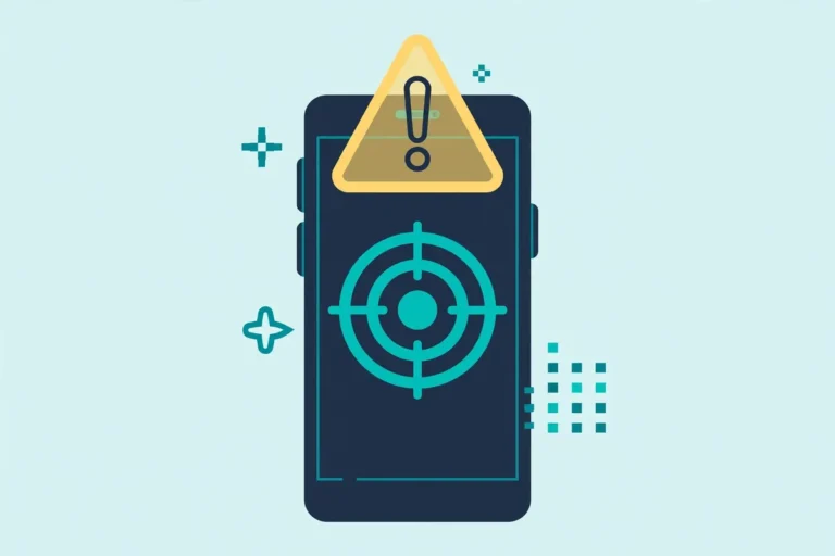Illustration of a crosshair target with a warning triangle over a smartphone, gaming risk concept