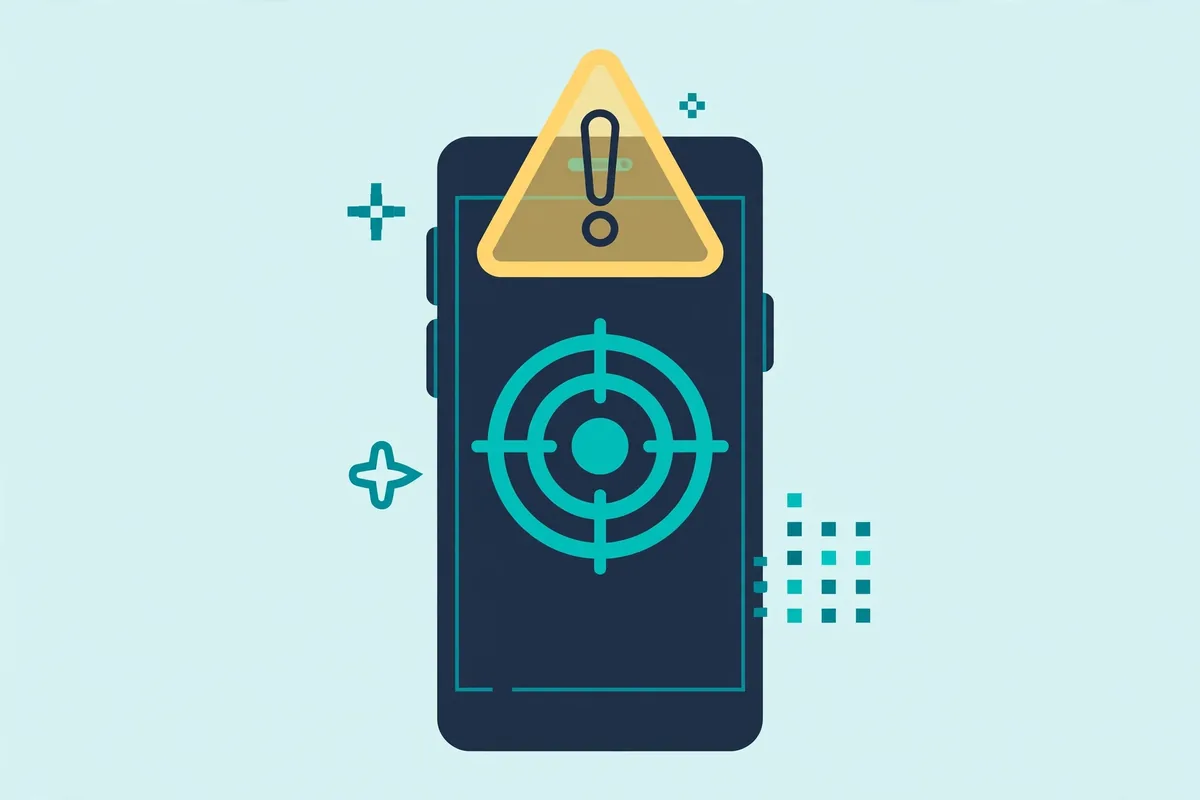 Illustration of a crosshair target with a warning triangle over a smartphone, gaming risk concept