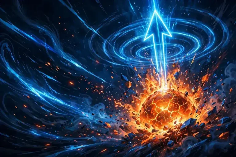 Blazing power core erupting upward with a neon arrow of light through shockwave rings