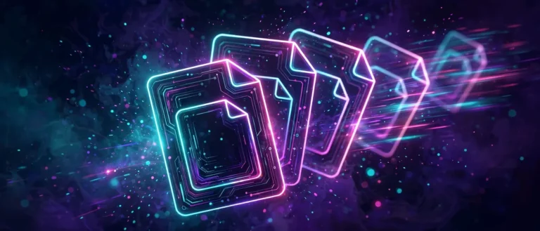 Five glowing file cards fanned out like a hand of cards in cyan and magenta neon