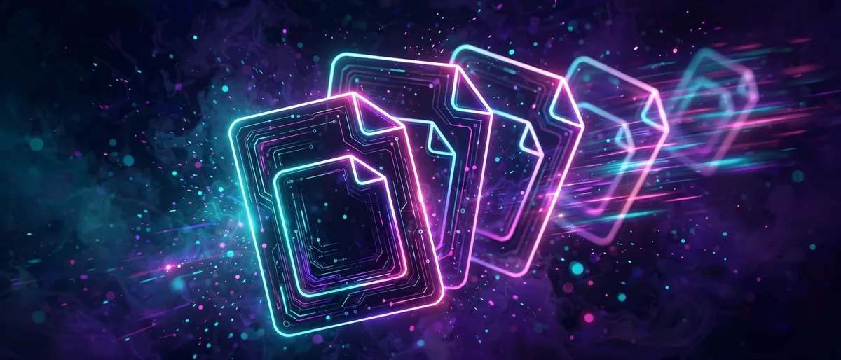 Five glowing file cards fanned out like a hand of cards in cyan and magenta neon