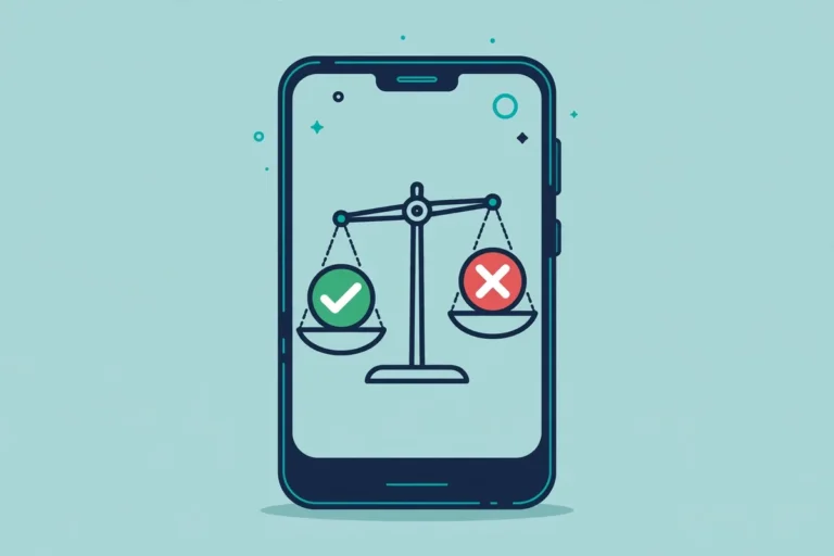 Illustration of a balanced scale with a checkmark versus an X mark on a smartphone, representing real versus fake verification