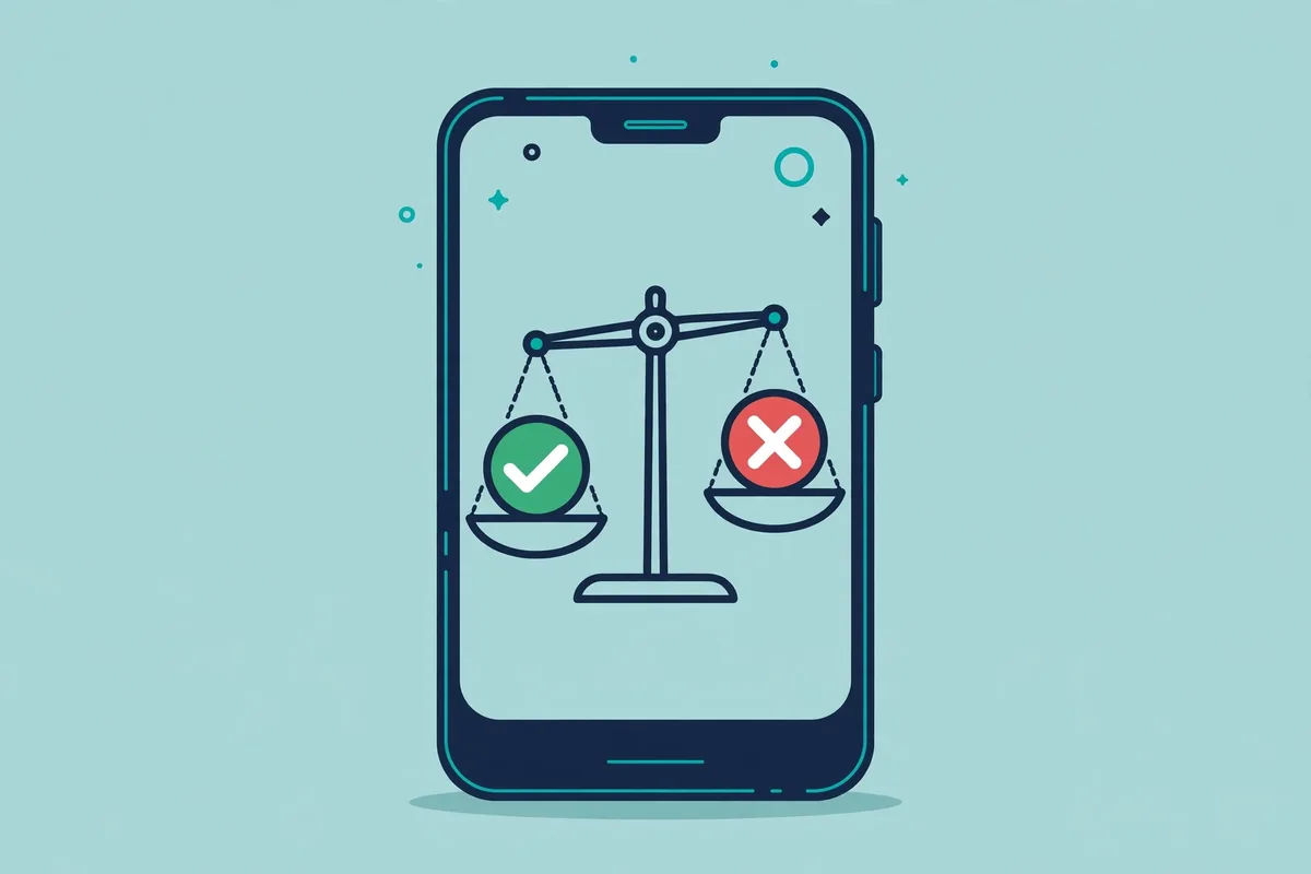 Illustration of a balanced scale with a checkmark versus an X mark on a smartphone, representing real versus fake verification