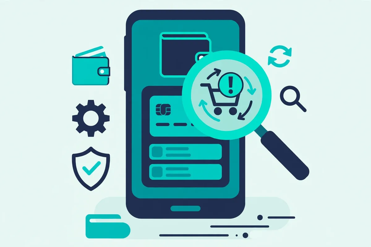 Illustration of a smartphone with a mobile wallet and magnifying glass over a transaction