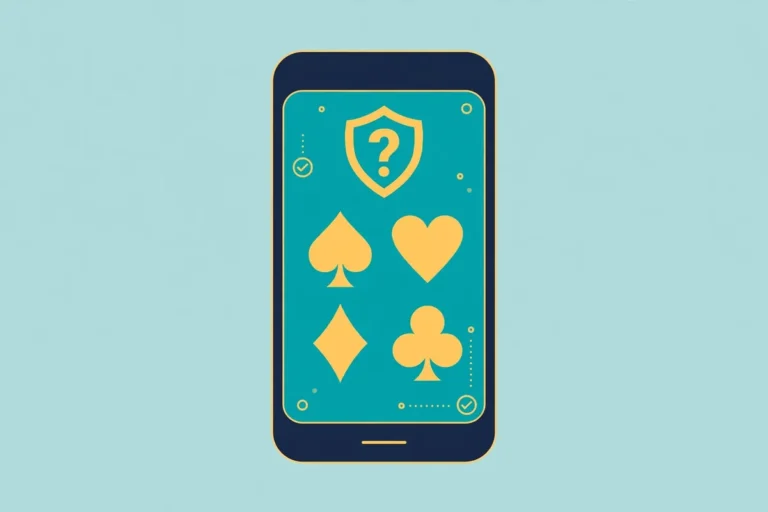 Illustration of a smartphone displaying card game suits with a verification question mark badge