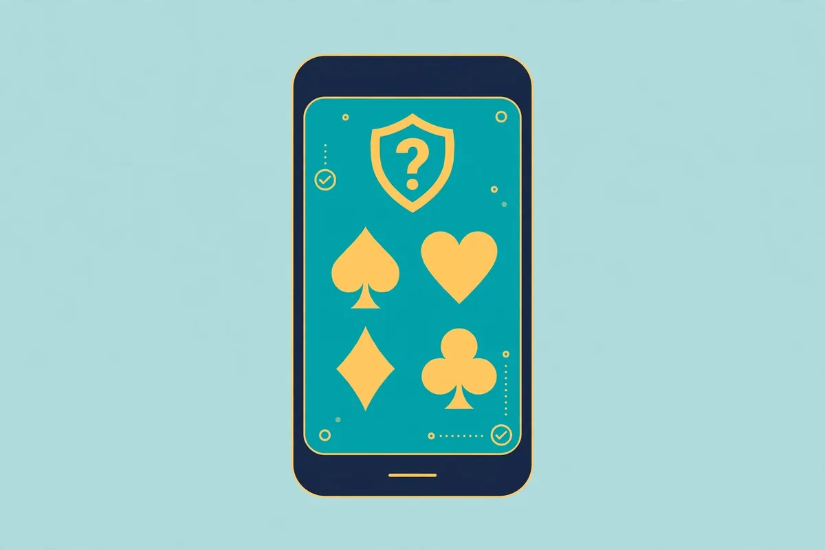 Illustration of a smartphone displaying card game suits with a verification question mark badge