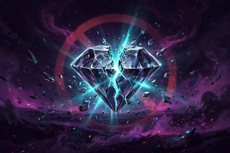 Large luminous diamond gem cracked through with cyan light leaking out and a red prohibition ring behind it