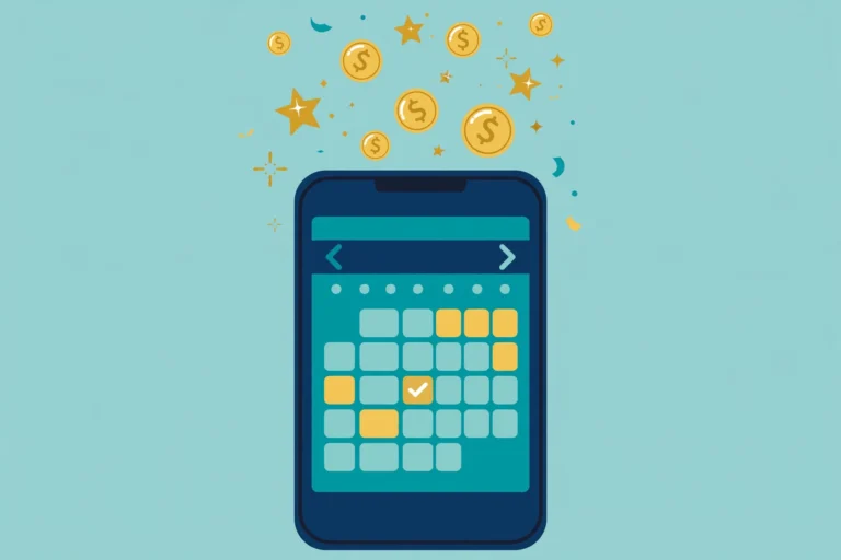 Illustration of daily bonus rewards with a calendar, coins and stars above a smartphone