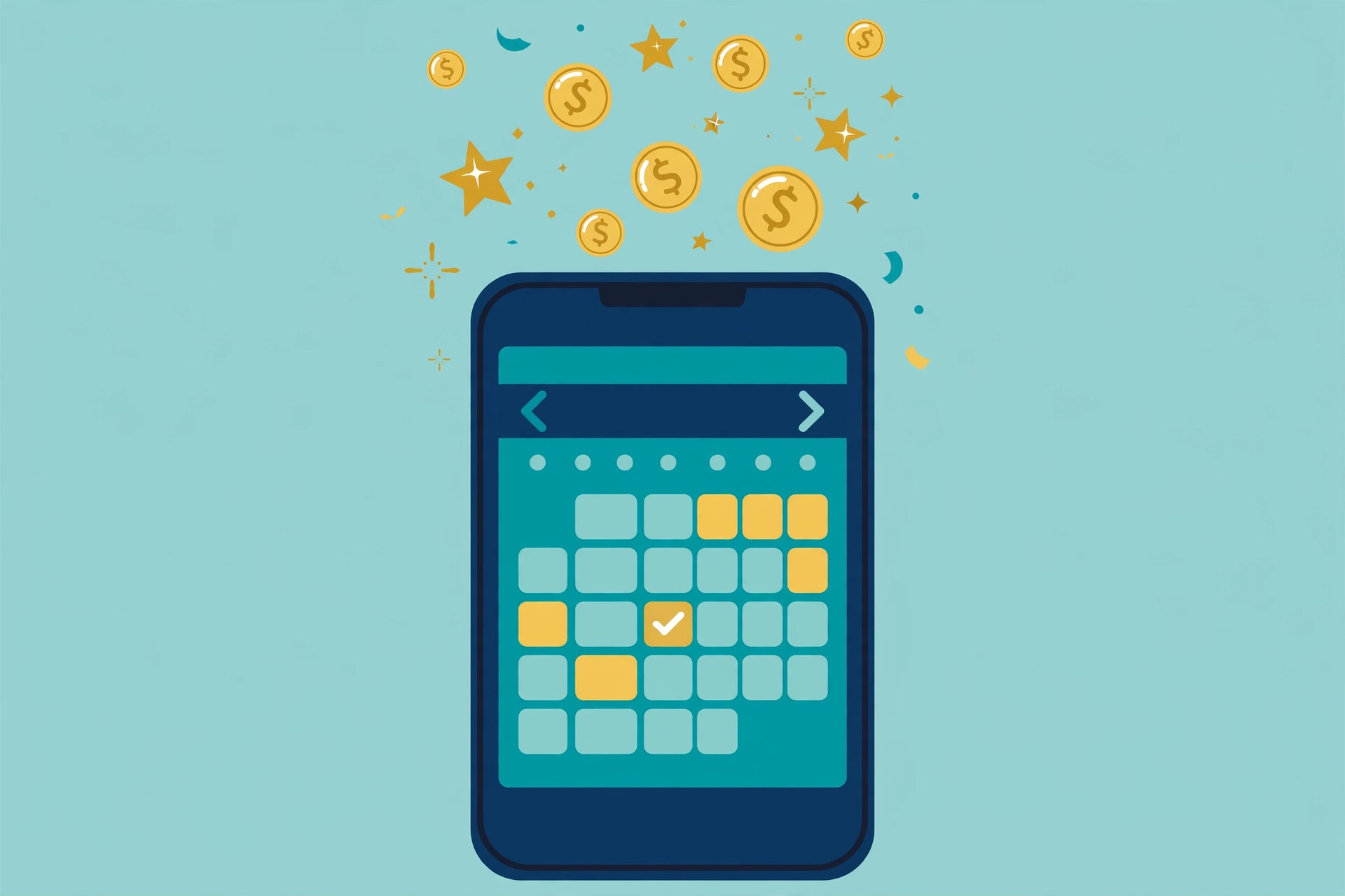 Illustration of daily bonus rewards with a calendar, coins and stars above a smartphone
