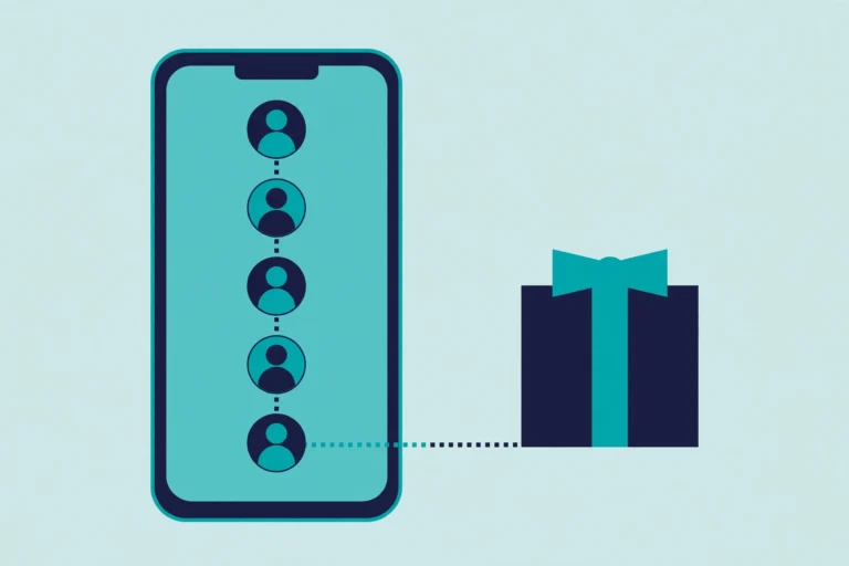 Illustration of referral link sharing with connected user icons and a gift box