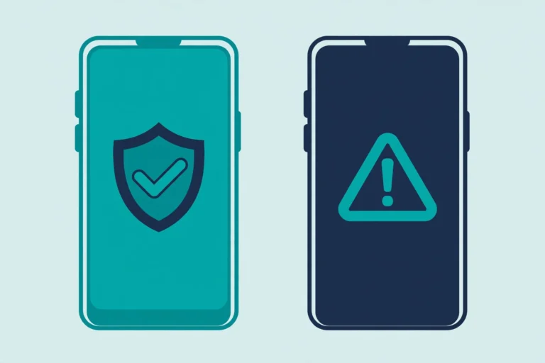 Illustration comparing a genuine app with a shield checkmark against a fake app with a warning sign