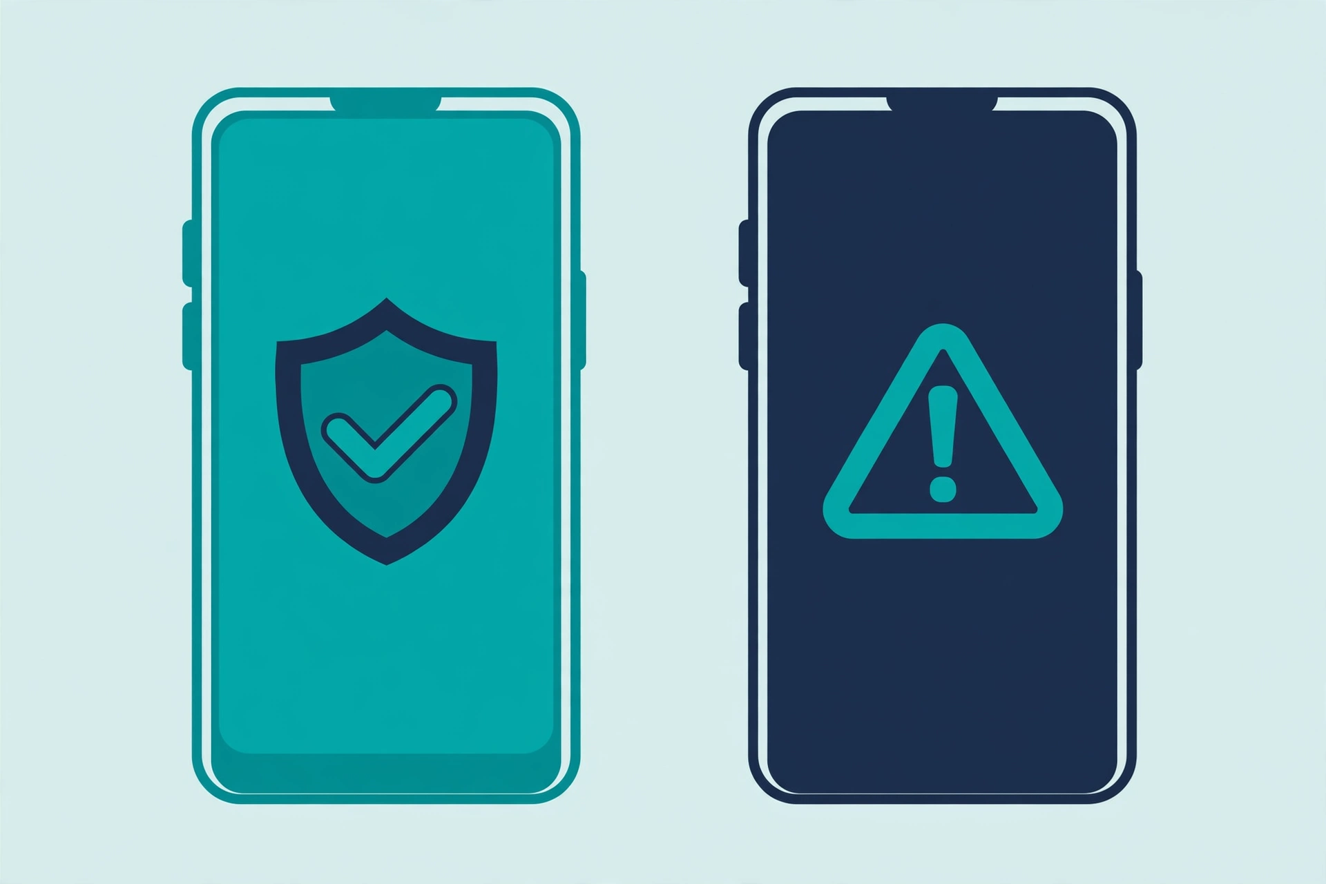 Illustration comparing a genuine app with a shield checkmark against a fake app with a warning sign