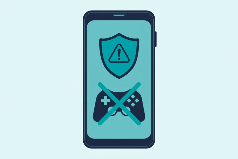 Illustration of a smartphone with a warning shield and crossed-out game controller, representing account ban risk