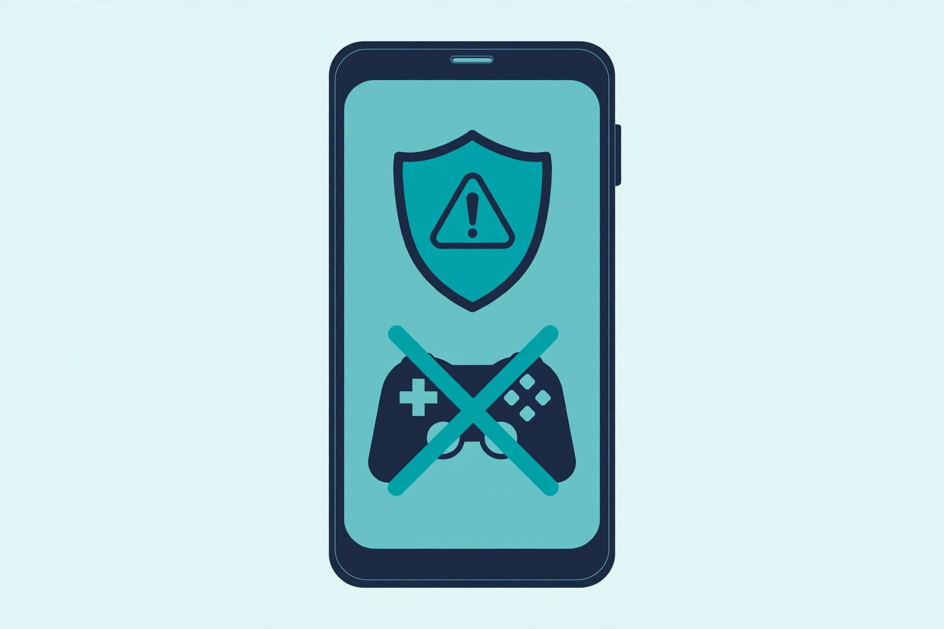 Illustration of a smartphone with a warning shield and crossed-out game controller, representing account ban risk