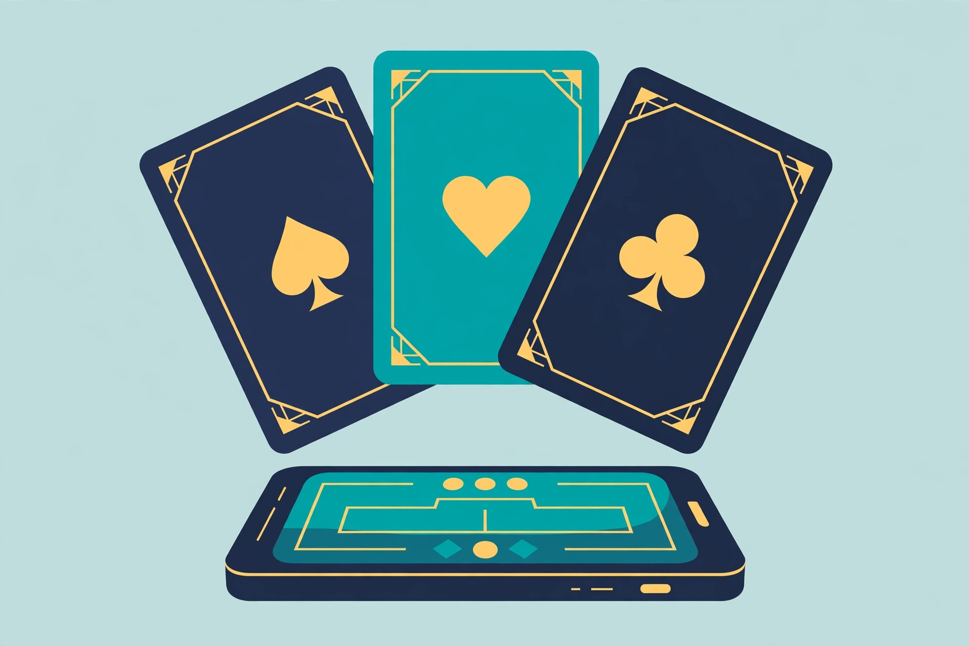 Illustration of three playing cards fanned above a smartphone