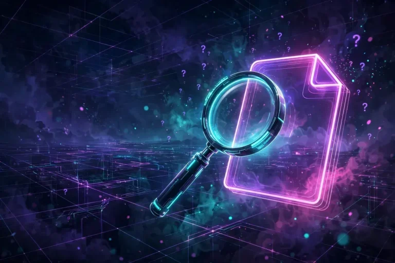 Magnifying glass over a glowing file icon on a dark neon grid, symbolizing verification of an injector download's identity
