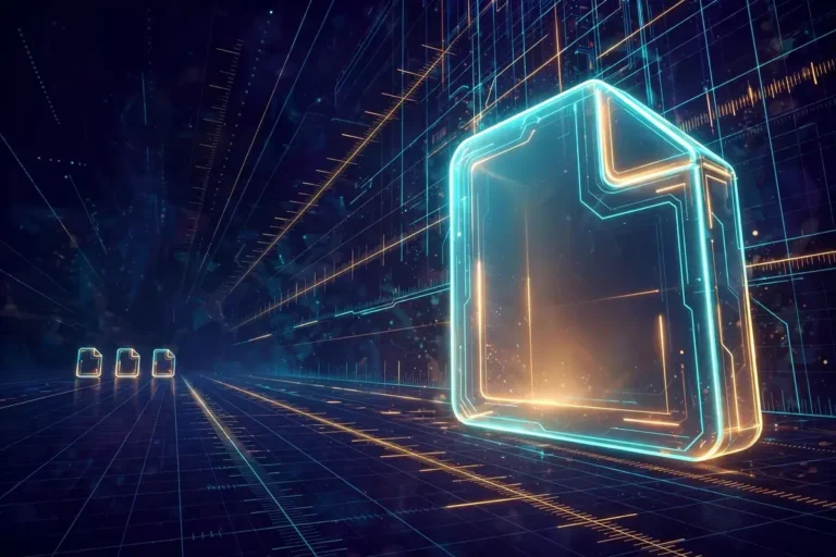 One giant glowing file cube towering over three tiny file icons on a measurement grid, showing extreme size difference