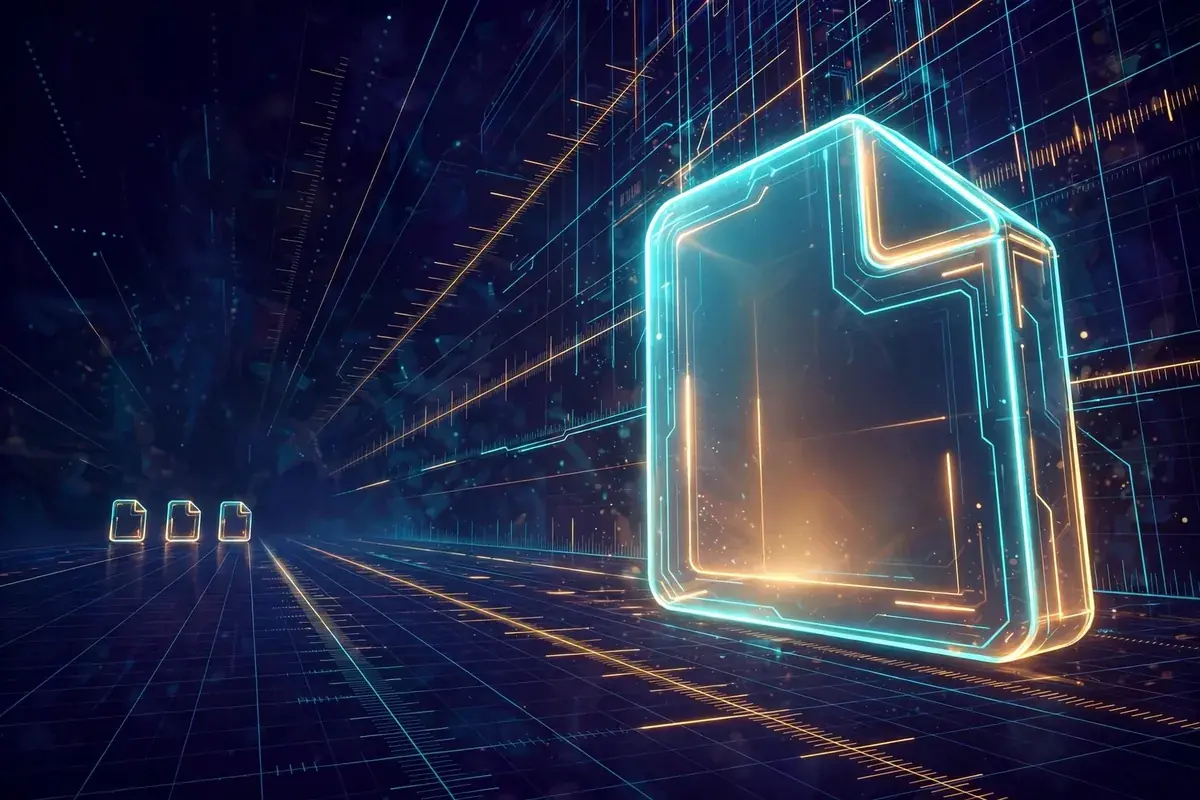 One giant glowing file cube towering over three tiny file icons on a measurement grid, showing extreme size difference