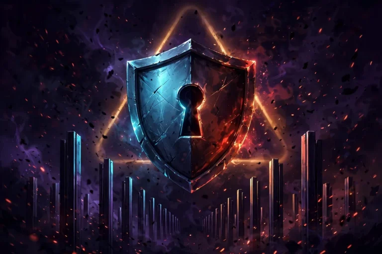 Shield emblem with a keyhole, half cyan and half warning amber, with a glowing warning triangle behind it