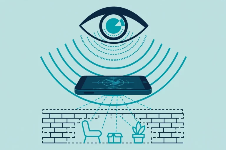 Illustration of an eye with radar waves over a smartphone, seeing through walls concept