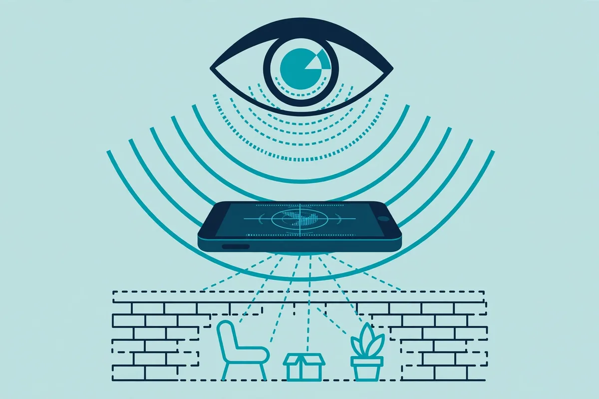 Illustration of an eye with radar waves over a smartphone, seeing through walls concept