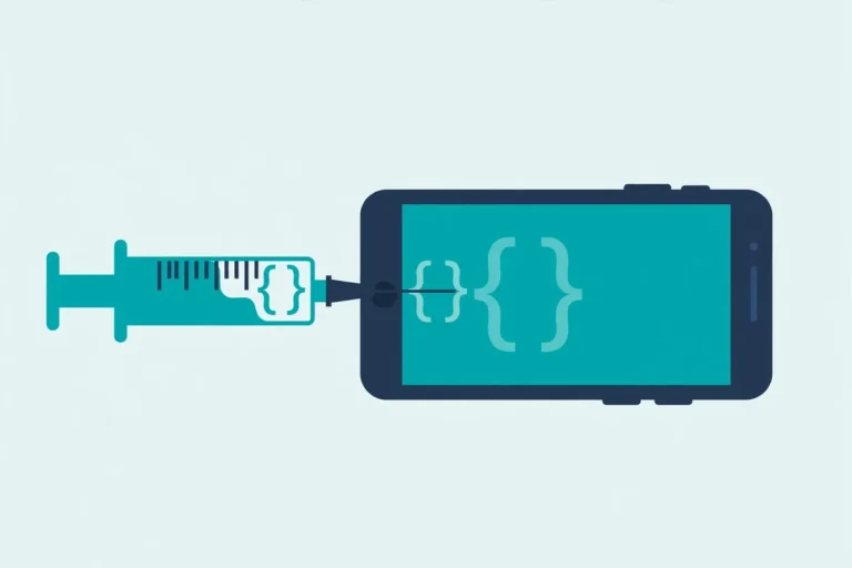 Illustration of a syringe injecting code into a smartphone, software injection concept
