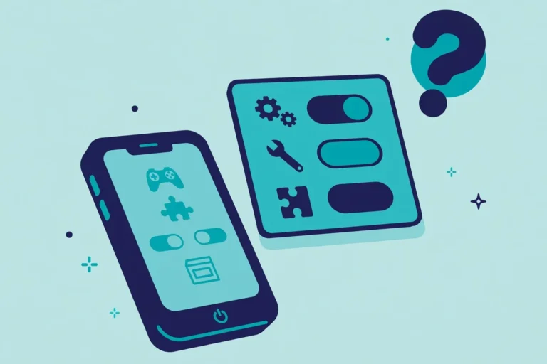 Illustration of a smartphone with a floating settings menu panel and question mark, game mod concept
