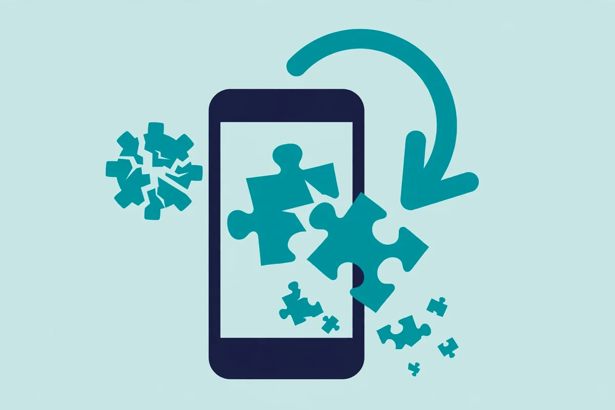 Illustration of a smartphone with a broken puzzle piece and update arrow, software update breaking mods concept