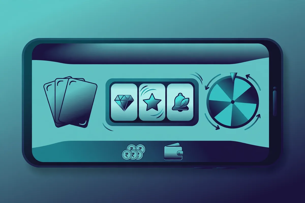 Smartphone showing XQ777-style game lobby with cards, slots, prize wheel and rupee coins — illustration